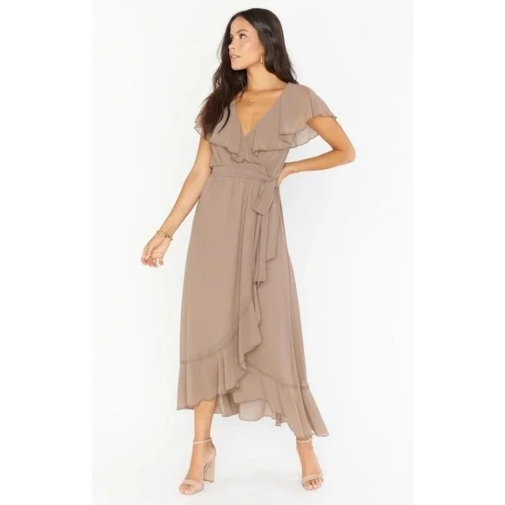 Show Me Your Mumu SMYM Jess Ruffle Wrap midi dress in Dune Brown Size Medium